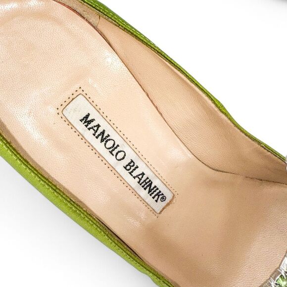 MANOLO BLAHNIK Avocado Satin Crystal Buckle Pointed Toe Pumps Size EU37.5 - Picture 13 of 13